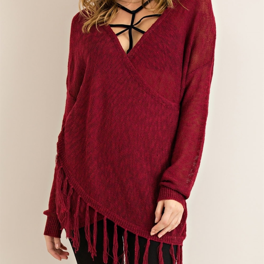 L.A. Style Light Cross Draped Fringe Knit Sweater